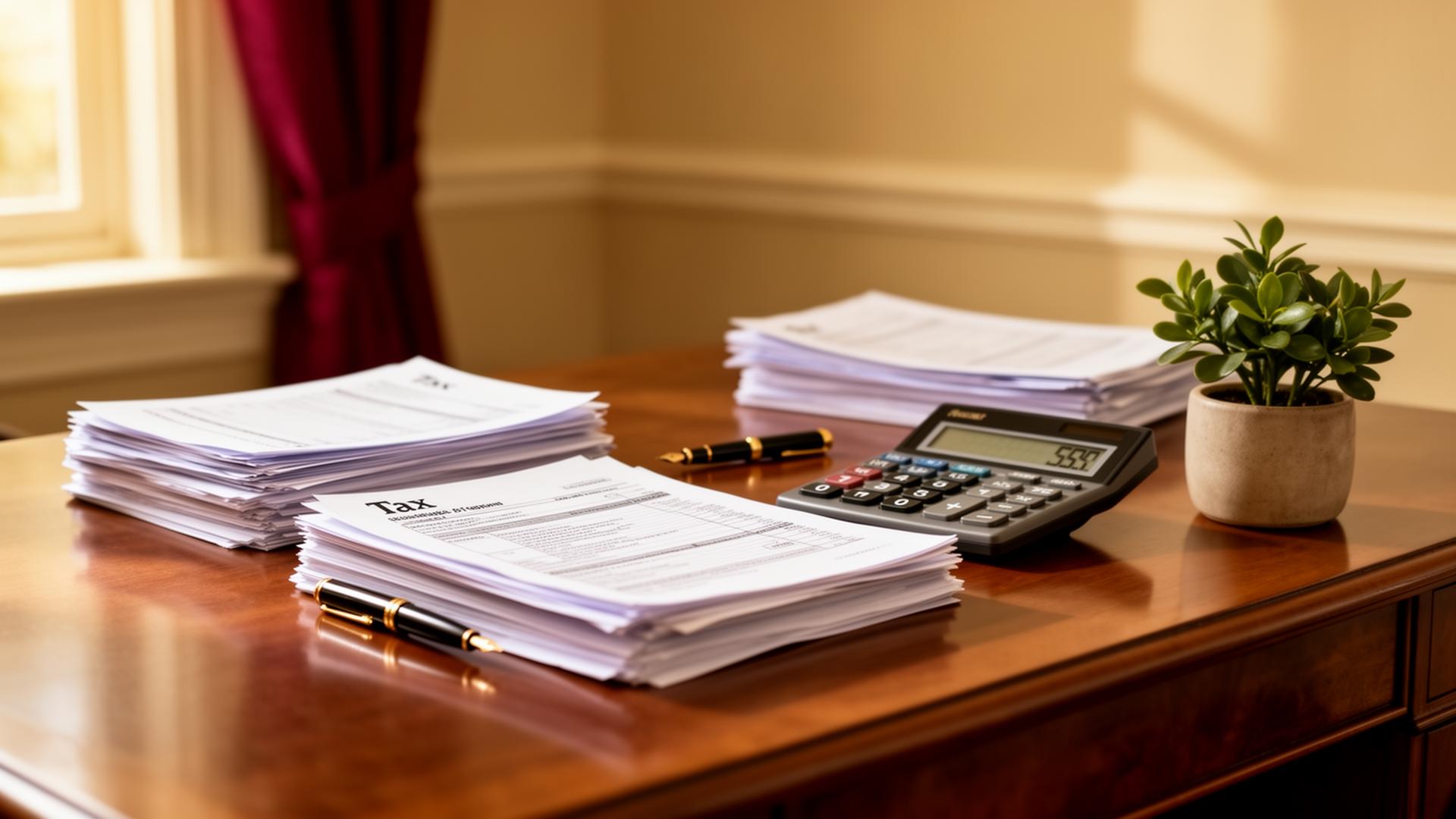 Warmly lit tax preparation desk with documents and calculator